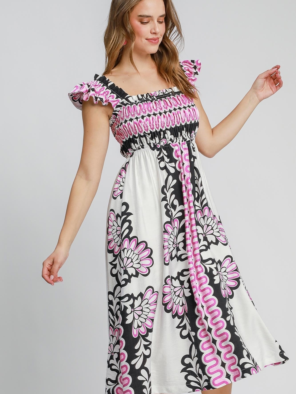 Umgee Pink and Black Floral Smocked Midi Dress
